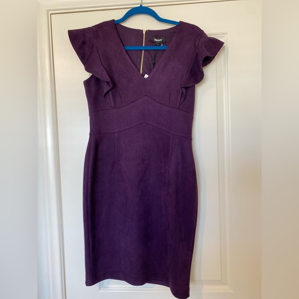 DKNY aubergine ruffle cap sleeve v-neck short sheath dress
